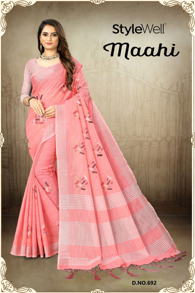 Style Well Maahi  New Exclusive Embroidery on Linen Patta Sarees Collection